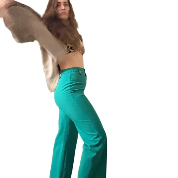 Vintage mod Vibrant Green high waisted front
Button  Flared Pants 26” - Picture 2 of 6
